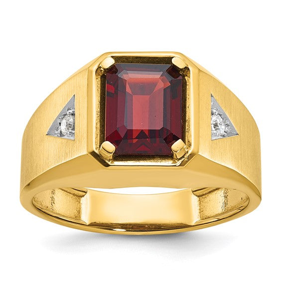14k IBGoodman Men's Polished and Satin Garnet and 1/15 carat Diamond Complete Ring