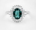 Oval Teal Sapphire & Diamond Halo Ring – 14K White Gold