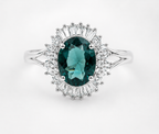 Oval Teal Sapphire & Diamond Halo Ring – 14K White Gold