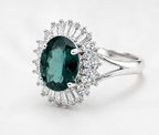 Oval Teal Sapphire & Diamond Halo Ring – 14K White Gold