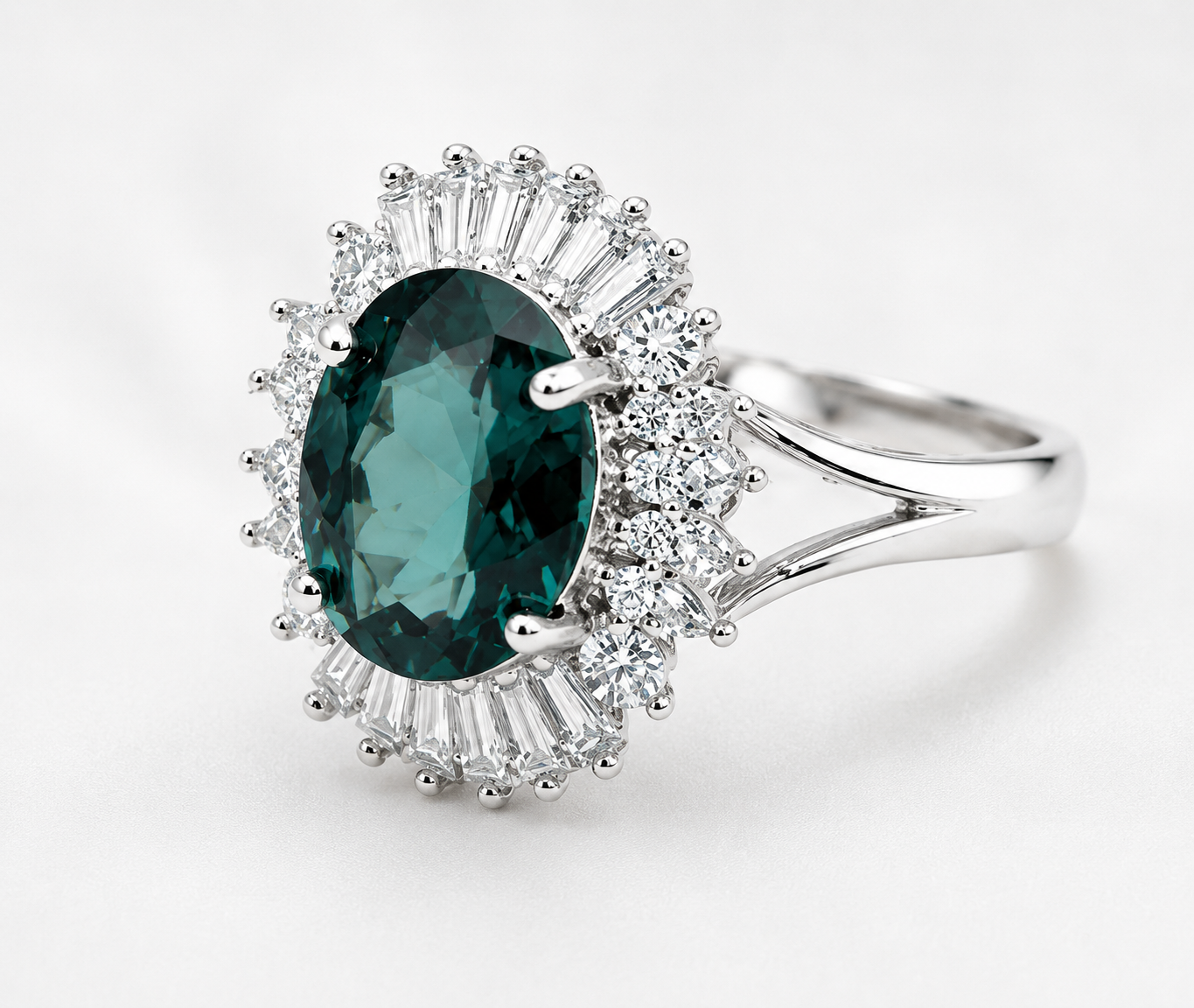Oval Teal Sapphire & Diamond Halo Ring – 14K White Gold