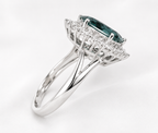 Oval Teal Sapphire & Diamond Halo Ring – 14K White Gold