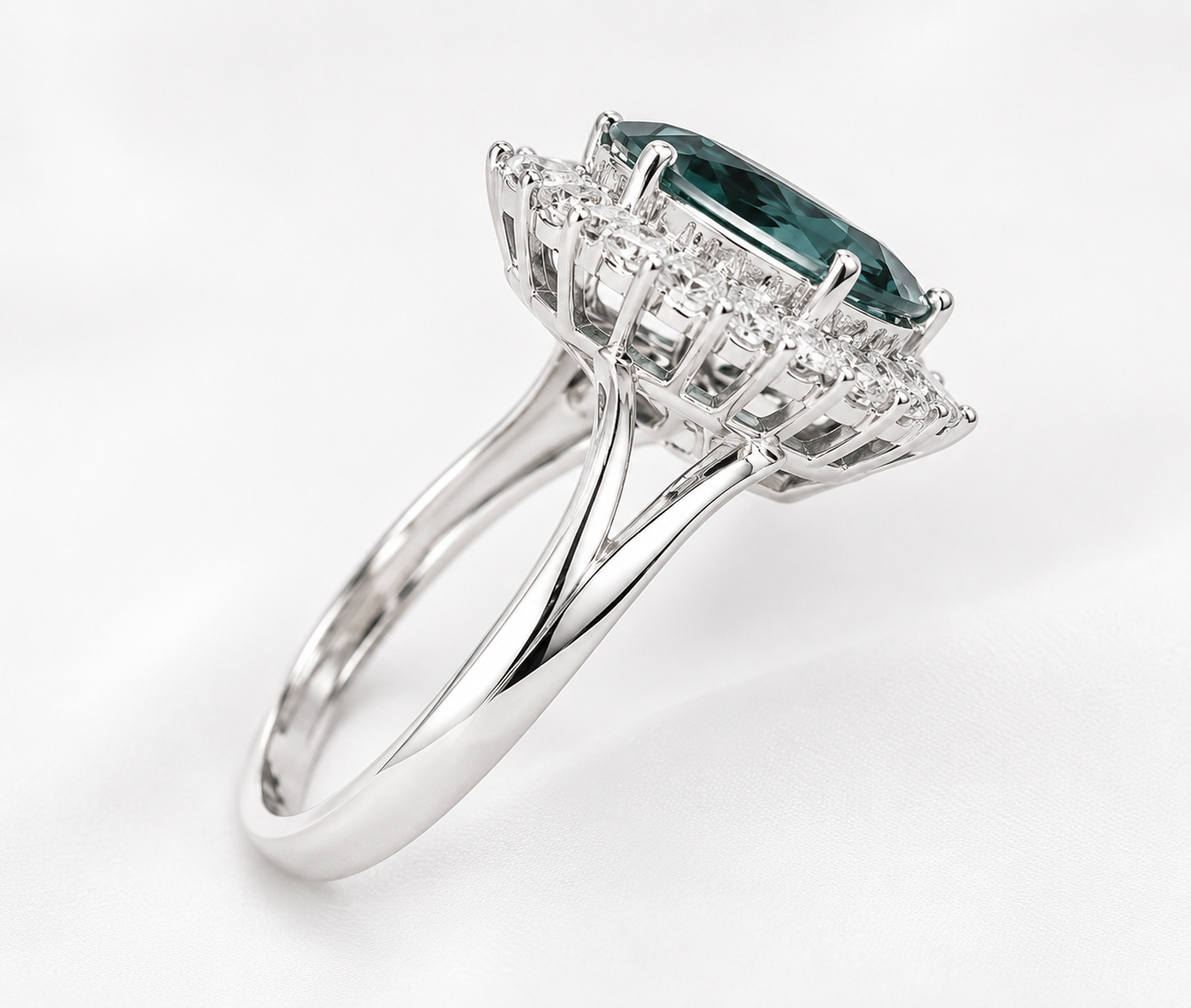 Oval Teal Sapphire & Diamond Halo Ring – 14K White Gold