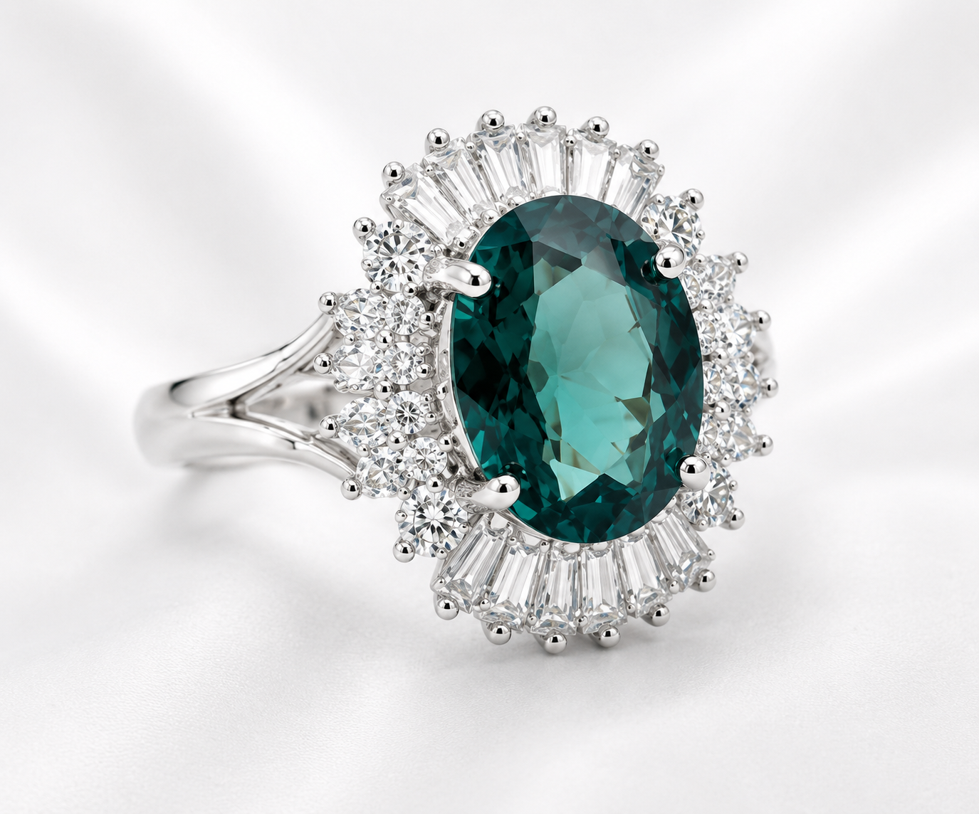 Oval Teal Sapphire & Diamond Halo Ring – 14K White Gold