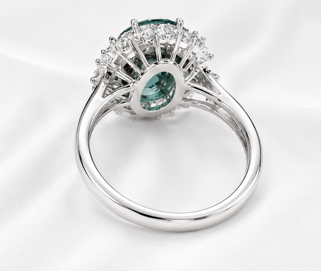 Oval Teal Sapphire & Diamond Halo Ring – 14K White Gold
