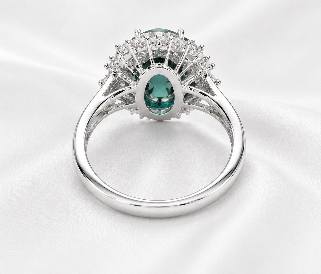 Oval Teal Sapphire & Diamond Halo Ring – 14K White Gold