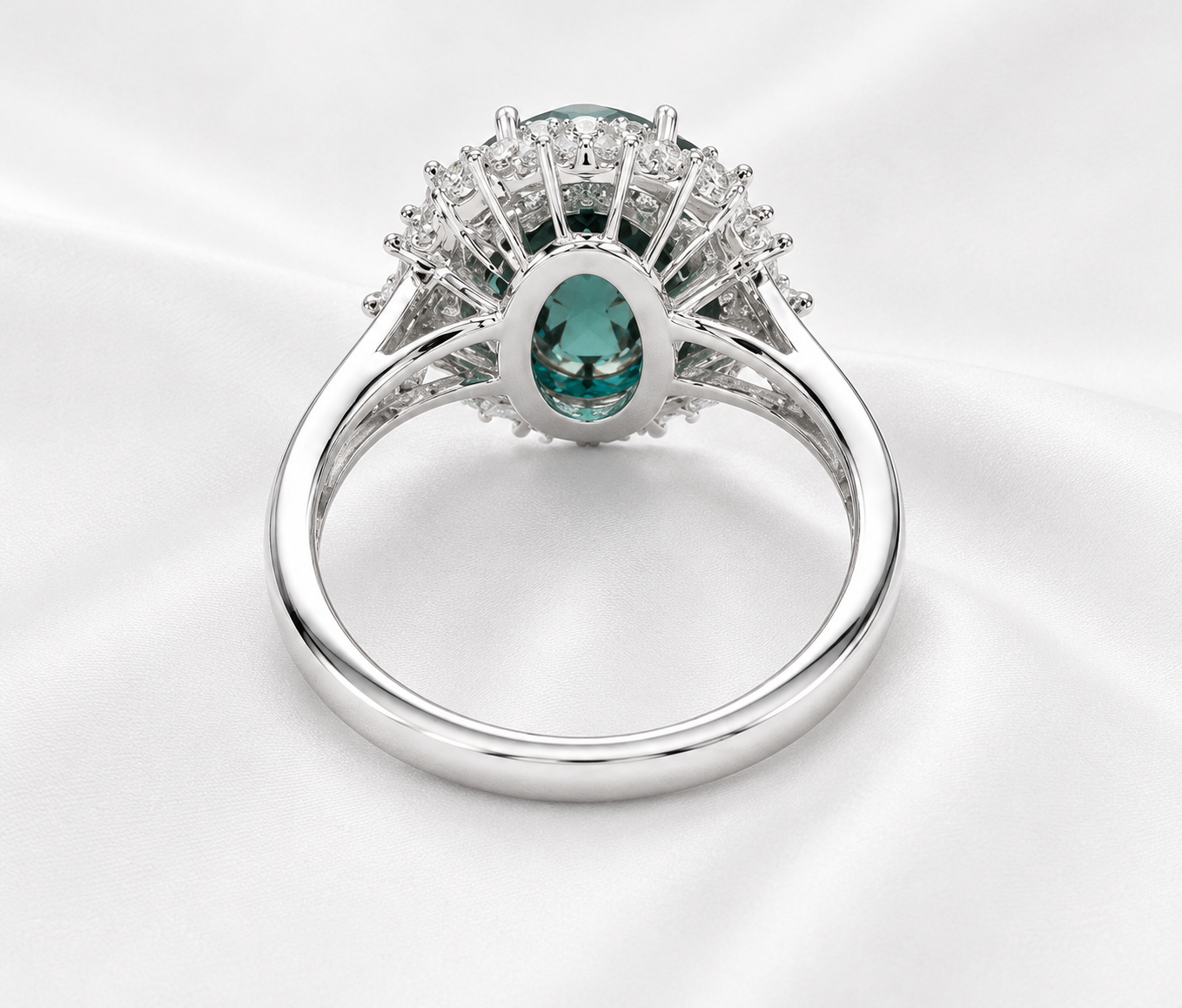 Oval Teal Sapphire & Diamond Halo Ring – 14K White Gold