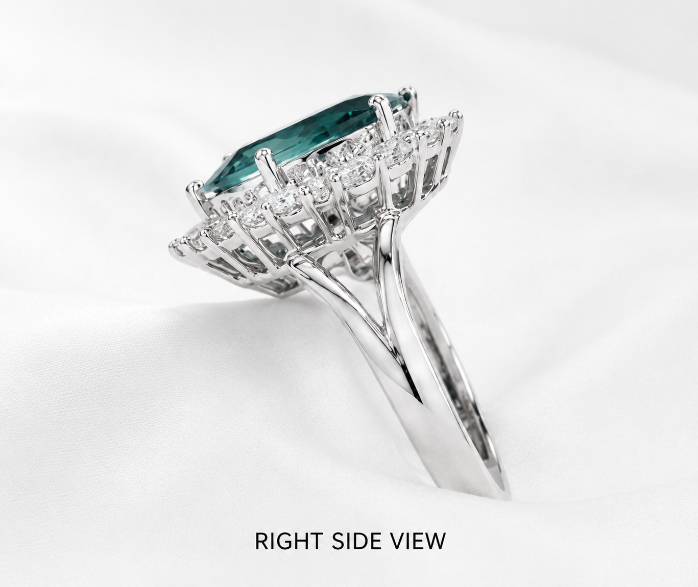Oval Teal Sapphire & Diamond Halo Ring – 14K White Gold