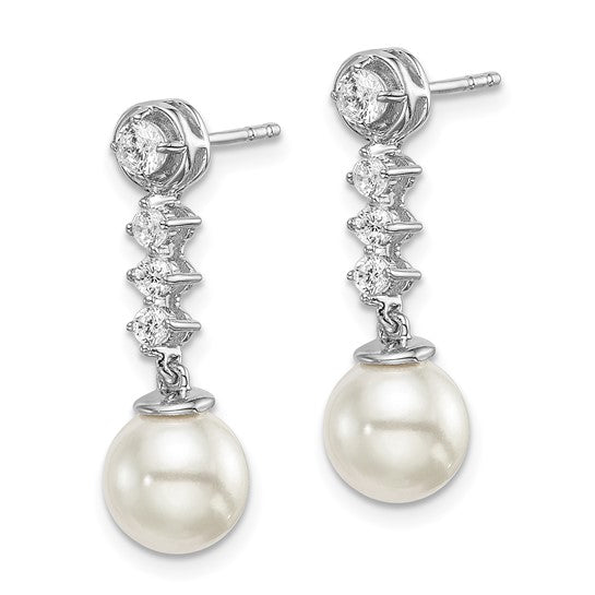 14k White Gold 6-7mm White Round Freshwater Cultured Pearl and .34 carat Diamond Dangle Post Earrings