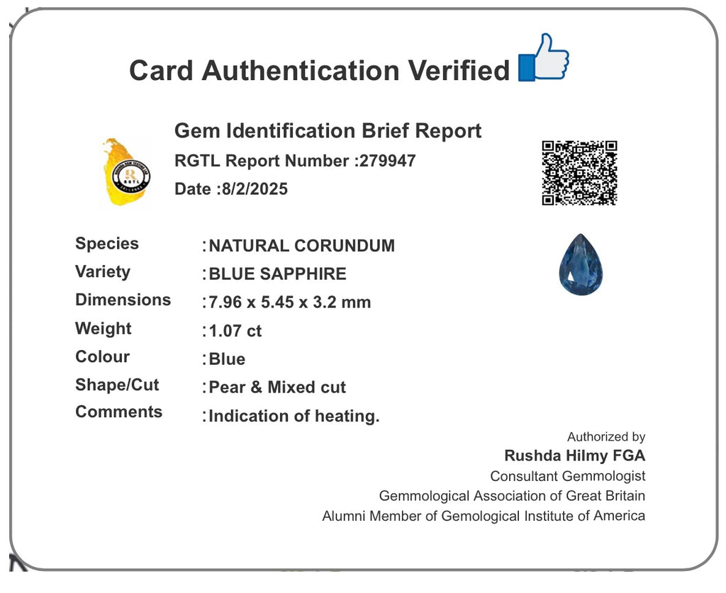 Natural Blue Sapphire 1.07 CT Pear Shape
