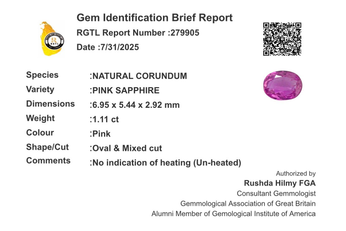 Sri Lankan Natural Pink Sapphire 1.11CT
