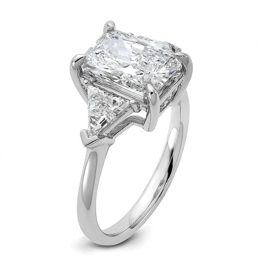 14K White Gold 3 5/8 carat Certified Lab Grown Diamond VS/SI+ G+ Radiant and Triangle Complete Three Stone Engagement Ring