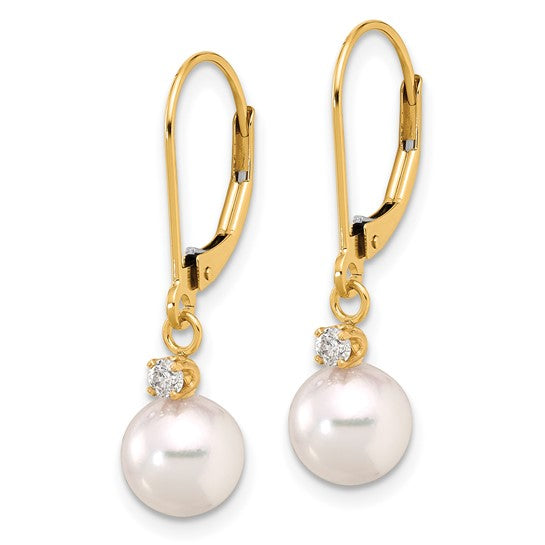 14k 7-8mm White Round Akoya Saltwater Cultured Pearl and .10 Carat Diamond Dangle Leverback Earrings