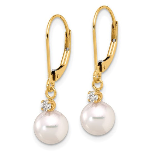 14k 7-8mm White Round Akoya Saltwater Cultured Pearl and .10 Carat Diamond Dangle Leverback Earrings
