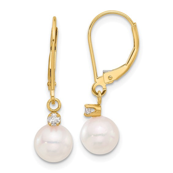 14k 7-8mm White Round Akoya Saltwater Cultured Pearl and .10 Carat Diamond Dangle Leverback Earrings